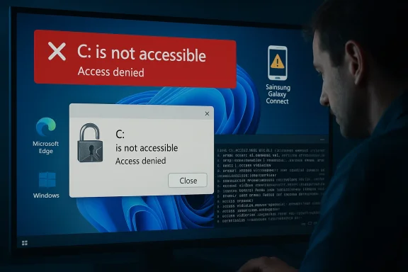 A person sits at a computer monitor displaying 'C: is not accessible' and access denied. A person sits at a computer monitor displaying 'C: is not accessible' and access denied.