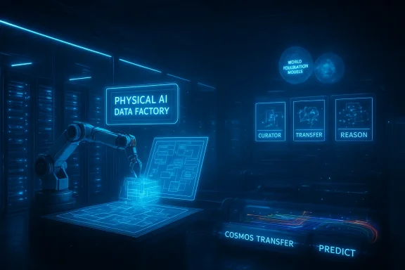 A neon-blue lab with a robotic arm at a Physical AI Data Factory and holographic dashboards.