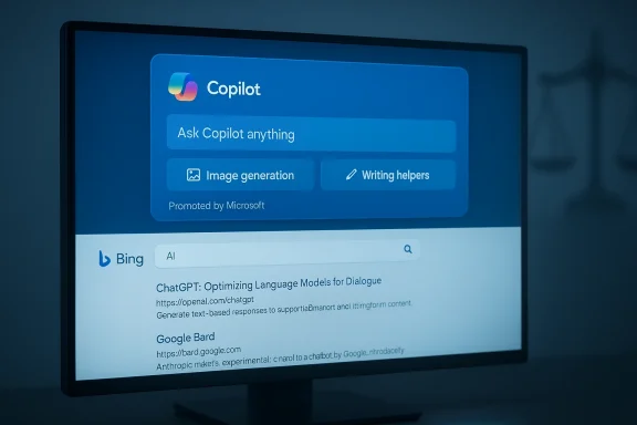 A computer monitor displays Copilot UI with 'Ask Copilot anything' and Bing search results.