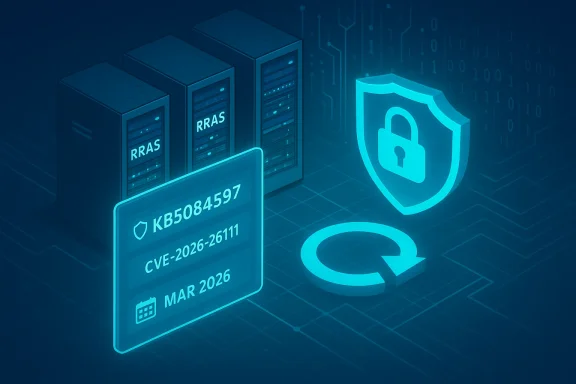 Cybersecurity illustration: RRAS servers, CVE vulnerability card, shield lock and refresh icon.