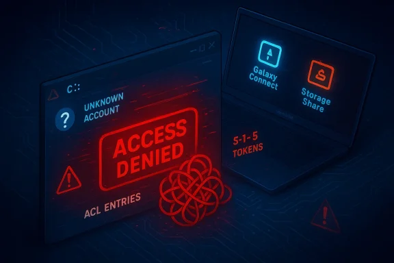 Red 'ACCESS DENIED' alert for an unknown account, with blue screens showing Galaxy Connect and Storage Share. Red 'ACCESS DENIED' alert for an unknown account, with blue screens showing Galaxy Connect and Storage Share.