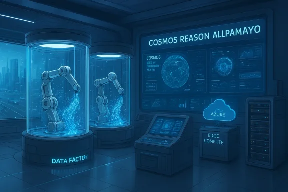 Futuristic data factory with robotic arms in glass tanks connected to Azure cloud and edge compute.