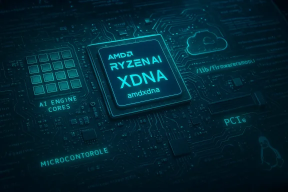 Close-up of an AMD Ryzen AI XDNA chip on a teal-lit circuit board.