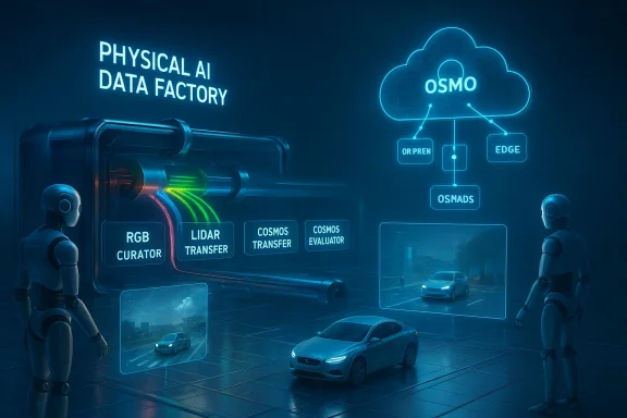Futuristic AI data factory with robots, neon blue displays, and autonomous cars.
