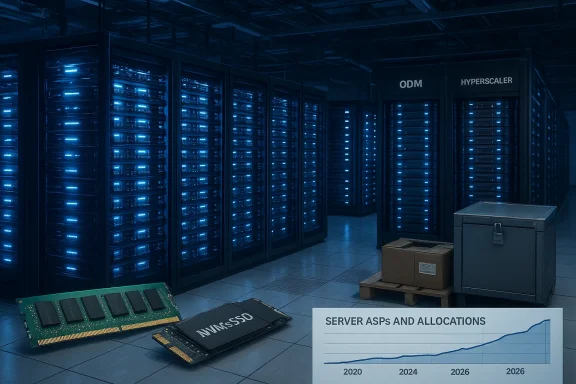 Blue-lit data center with rows of server racks, RAM modules, and a chart on server allocations.