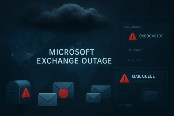 Global Microsoft Exchange outage shown with warning icons and mail envelopes.