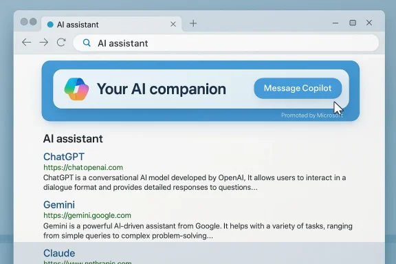 Web page promoting an AI assistant, featuring a large 'Your AI companion' banner and a 'Message Copilot' CTA.