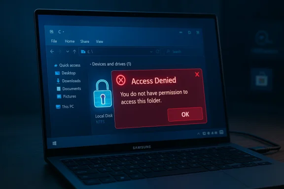 Laptop screen shows an Access Denied dialog over Windows file explorer.