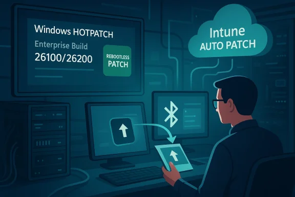 An IT professional patches Windows with Intune Auto Patch in a server room. An IT professional patches Windows with Intune Auto Patch in a server room.