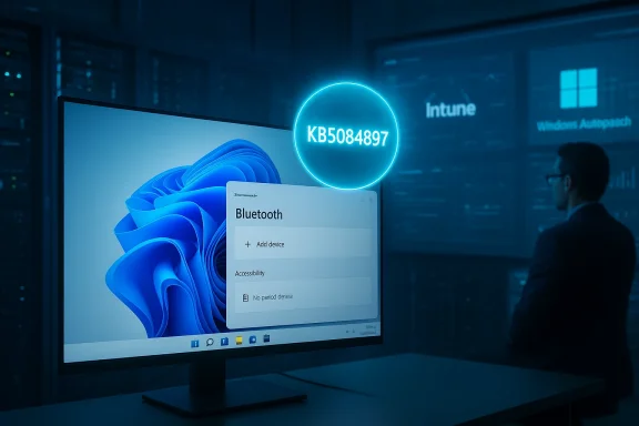 Blue-toned data center scene with a monitor displaying Bluetooth settings and a glowing KB5084897 badge. Blue-toned data center scene with a monitor displaying Bluetooth settings and a glowing KB5084897 badge.