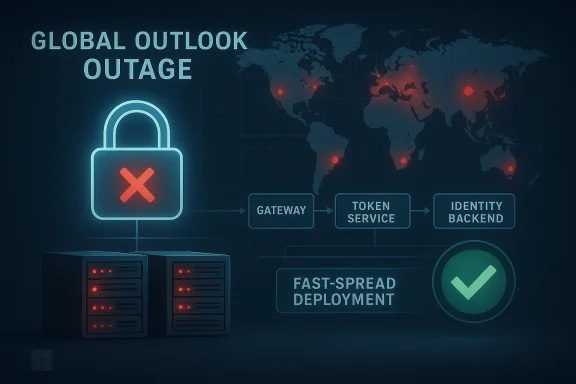 Global outage infographic with a glowing lock, a service chain, and fast-spread deployment across a world map.