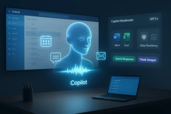 A blue holographic AI Copilot floats over a desk with digital icons and a laptop.