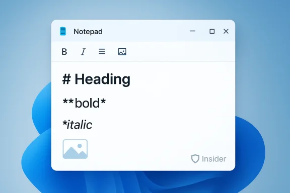 A Notepad-like app showing # Heading, bold, italic, and an image icon on a blue abstract background.