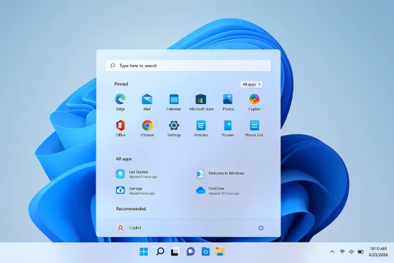 Windows 11 desktop with Start menu open, showing pinned apps on a blue abstract wallpaper.