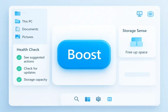A futuristic desktop UI with a large blue Boost button, left navigation, and storage options.