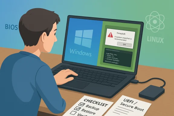 A person uses a laptop displaying Windows with a Timeshift snapshot prompt and a backup checklist.