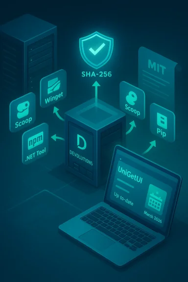 Neon isometric diagram showing Devolutions with package tools (Scoop, Winget, Pip, NPM) around a SHA-256 shield.