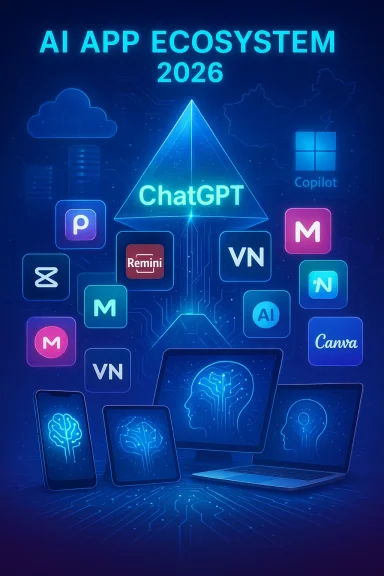 Neon blue poster showing a 2026 AI app ecosystem with ChatGPT at the center and many app logos.