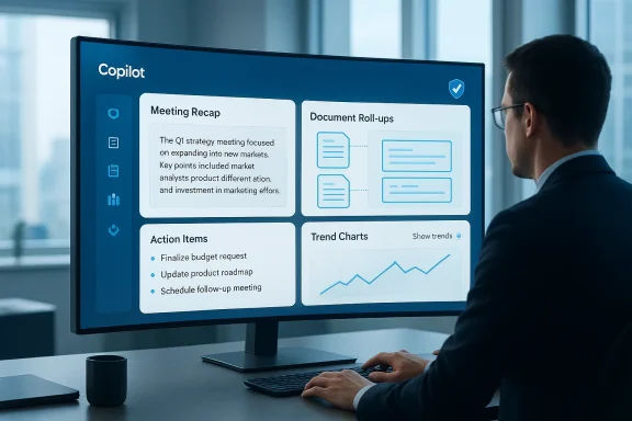 Businessman reviews a Copilot dashboard on a large monitor with Meeting Recap, Document Roll-ups, and Trend Charts.