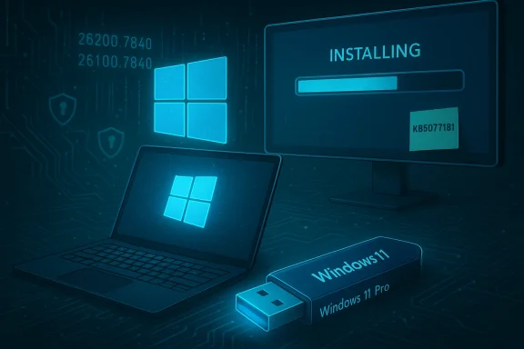 Blue-toned tech setup showing Windows 11 installing, with laptop and USB drive.