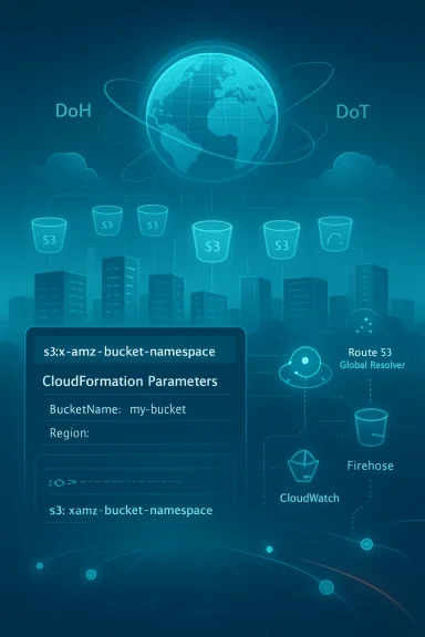 Global cloud ecosystem featuring S3 bucket namespaces and CloudFormation parameters.