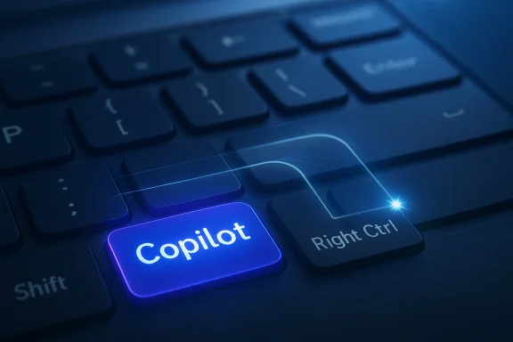 A keyboard with a glowing blue Copilot key beside the Right Ctrl key.