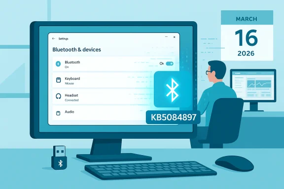 Blue-tinted office scene with Bluetooth settings on a monitor, a Bluetooth dongle, and a worker at a desk.