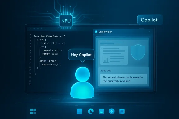 Blue holographic AI dashboard featuring an NPU chip, Copilot+, code, and a vision panel.
