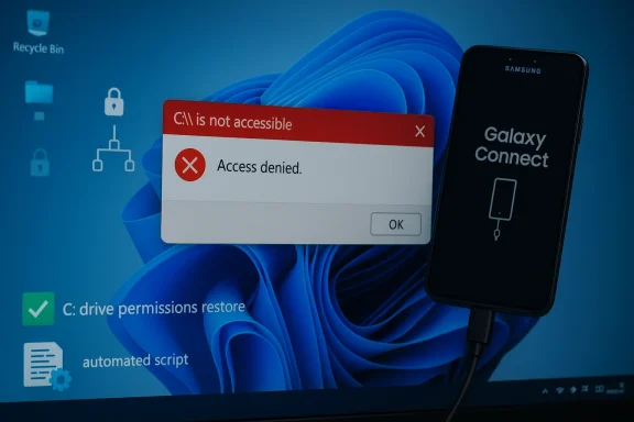 Windows error: C:\ is not accessible — Access denied, with a Galaxy phone connected.