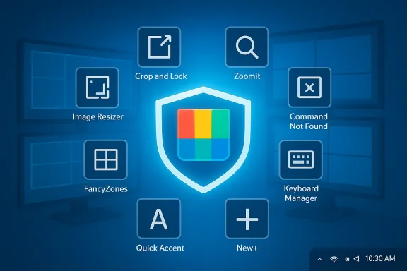 Glowing blue Windows shield with a colorful logo, surrounded by PowerToys tool icons.