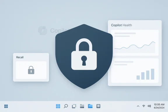 A security shield with a padlock flanked by data and health dashboards.