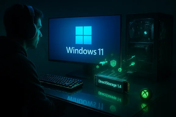 A gamer with headphones sits at a Windows 11 PC, with glowing DirectStorage 1.4 and an illuminated Xbox logo.