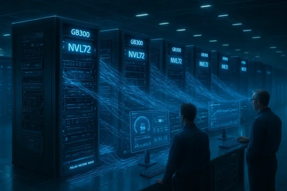 Blue-lit data center with racks labeled GB300/NVL72 and two technicians at consoles.