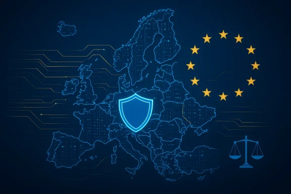 EU cyber security and data protection depicted by a shield over Europe.