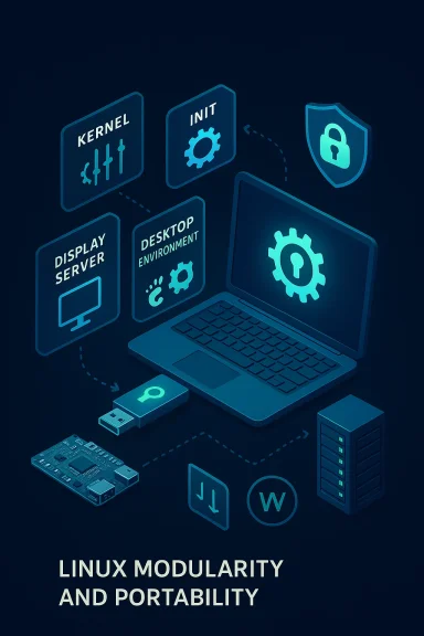 Neon diagram of Linux modularity: kernel, init, servers, and desktop environment around a laptop.
