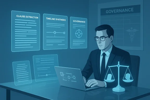 A lawyer works at a laptop amid holographic governance and clause panels.
