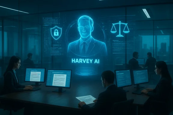 Holographic HARVEY AI portrait glows in a glass-walled legal data room as staff monitor screens.