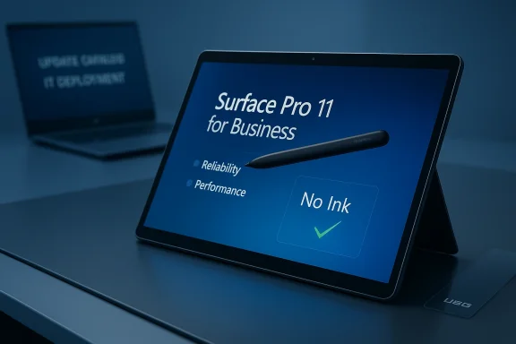Surface Pro 11 for Business with a stylus, highlighting No Ink and reliability.