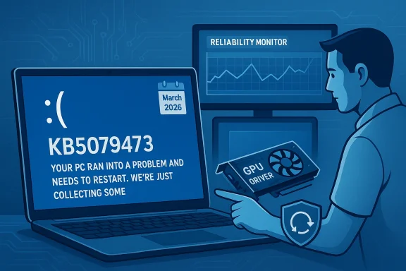 Blue-toned illustration of a Windows crash with error KB5079473 and a reliability monitor.