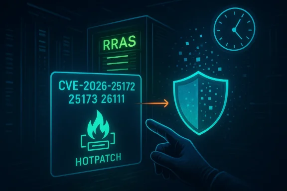 Neon cybersecurity scene showing a CVE-2026-25172 hotpatch patching a vulnerability into a shield.