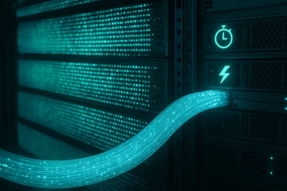 Glowing turquoise fiber cables snake through teal-lit server racks in a data center.