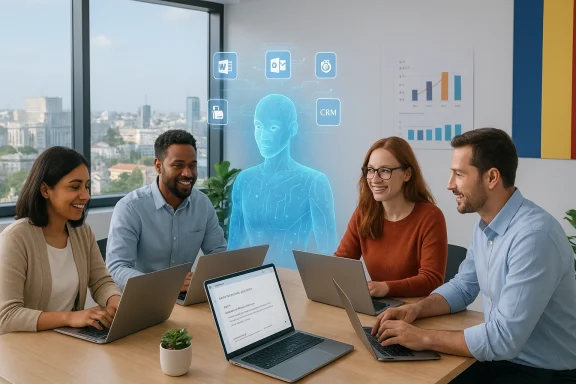 A diverse team of four works on laptops around a table as a holographic AI figure and app icons appear.