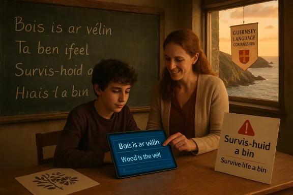 A teacher helps a boy learn Guernsey language in a seaside classroom.