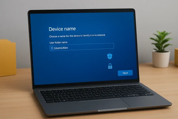 A laptop on a wood desk shows a Windows device-name setup screen.