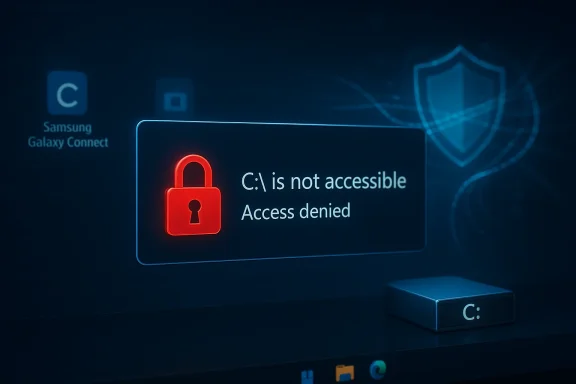 A computer screen displays 'C:\ is not accessible; Access denied' with a red padlock icon.