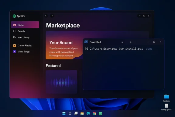 Desktop screen showing Spotify UI with a PowerShell window over a dark gradient Marketplace page.