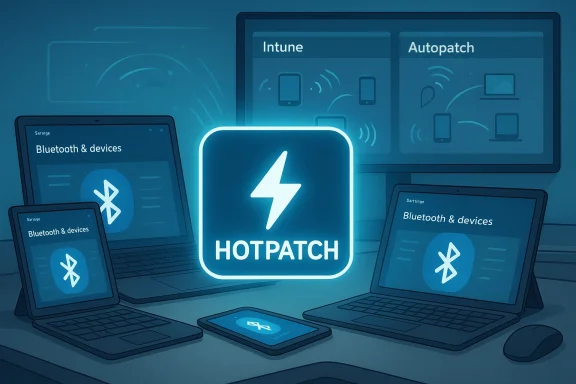 Glowing HOTPATCH icon surrounded by laptops, tablets, and phones illustrating Bluetooth setup.