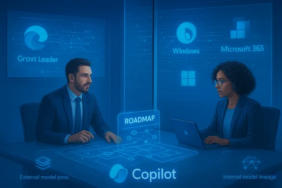 Two professionals discuss a digital roadmap for Copilot in a tech briefing.