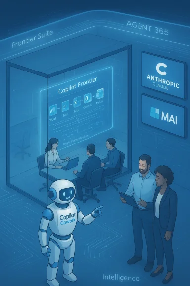 A friendly robot guides a team inside the futuristic Copilot Frontier coworking hub.