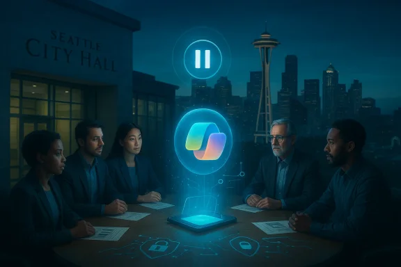A diverse group sits around a table at Seattle City Hall, viewing a glowing holographic logo.
